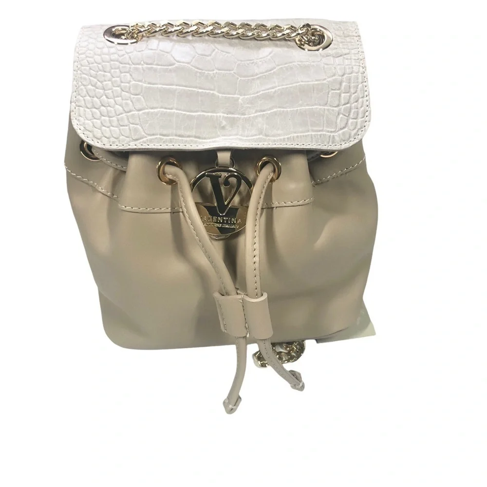 Valentina Backpack‎ Purse Beige Leather Croc Embossed Drawstring Travel Luxury